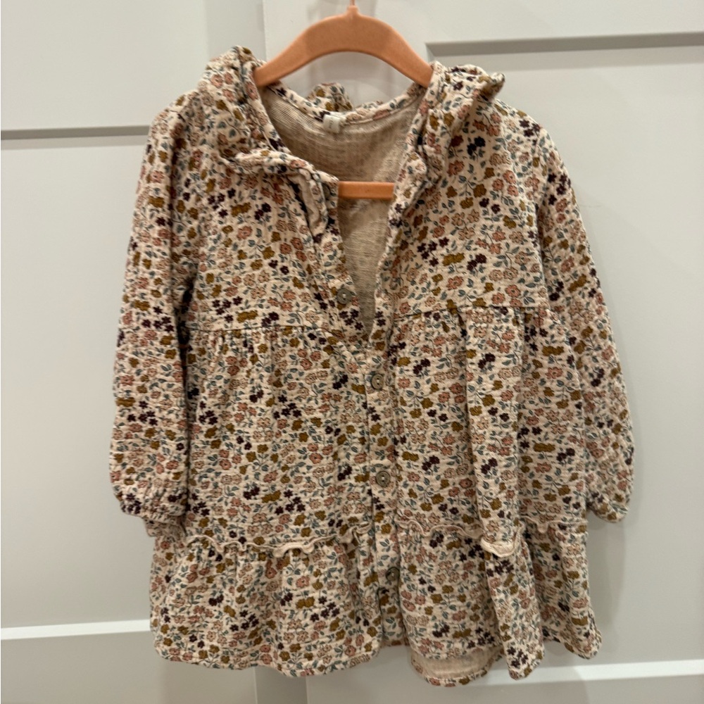 Quincy Mae Floral Hooded Dress Jacket - Cream with Brown & Mustard Accents